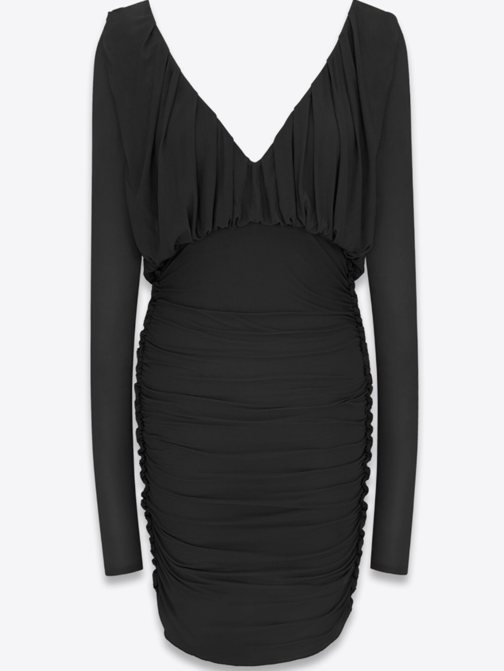 Saint Laurent YSL Black Ruched Drape Jersey Long Sleeve Runway Mini Dress
